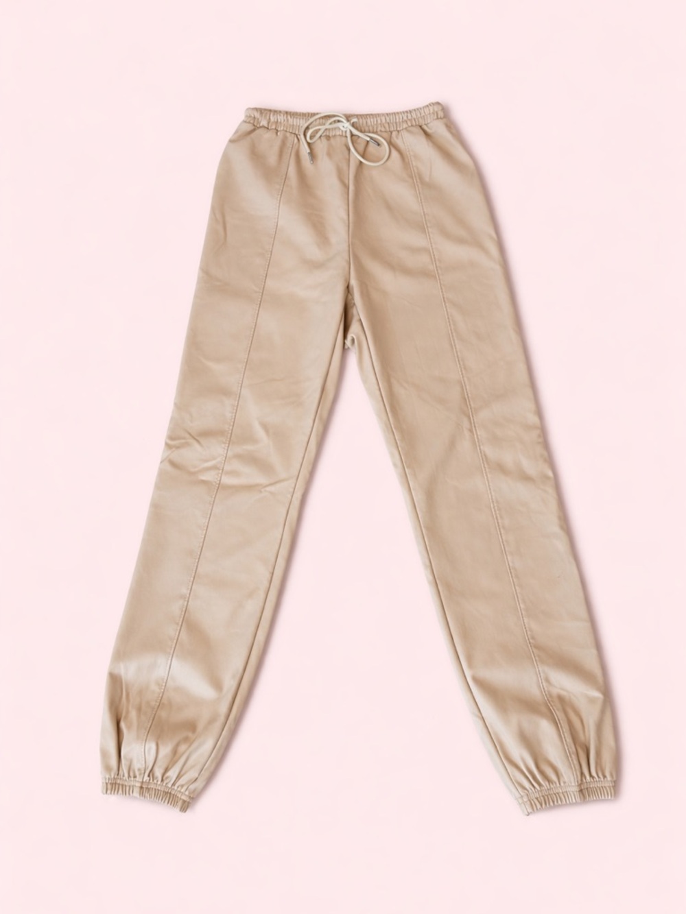 Beige Faux Leather Jogger Pants